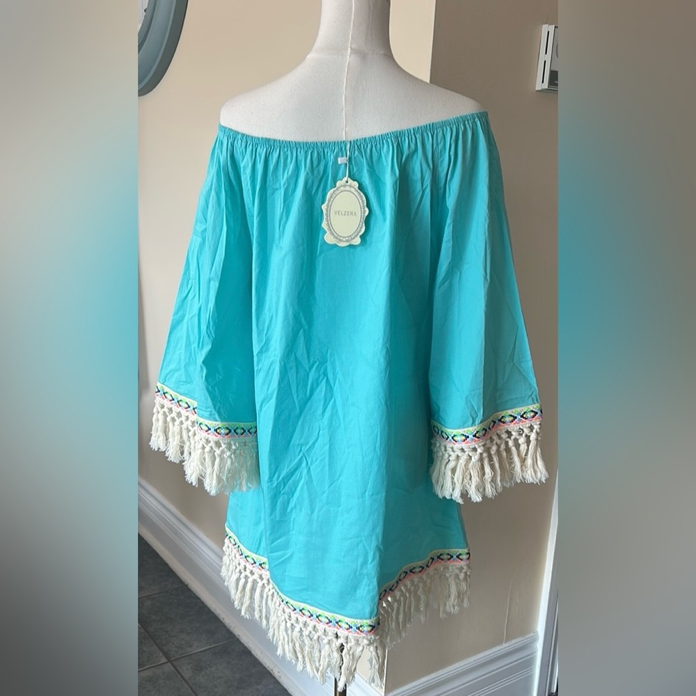 VELZERA Turquoise Off-Shoulder Dress/Cover up with Fringe size large - Picture 8 of 8